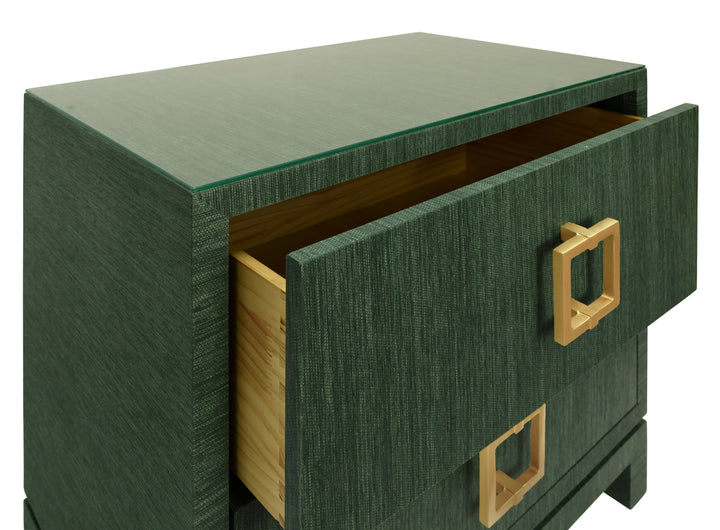 Two Drawer Side Table With Large Satin Brass Square Hardware In Green Dyed Grasscloth With Glass Top - COLE GR