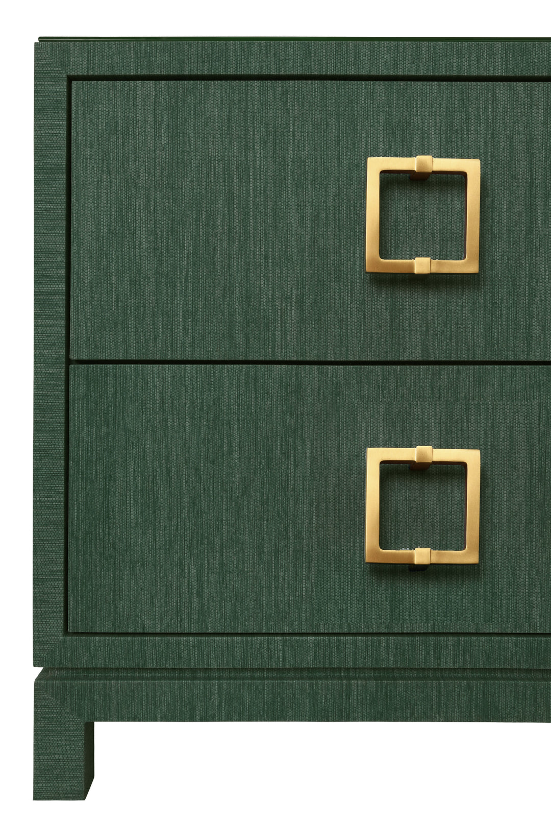 Two Drawer Side Table With Large Satin Brass Square Hardware In Green Dyed Grasscloth With Glass Top - COLE GR
