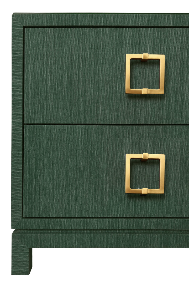 Two Drawer Side Table With Large Satin Brass Square Hardware In Green Dyed Grasscloth With Glass Top - COLE GR