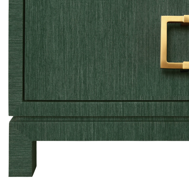 Two Drawer Side Table With Large Satin Brass Square Hardware In Green Dyed Grasscloth With Glass Top - COLE GR