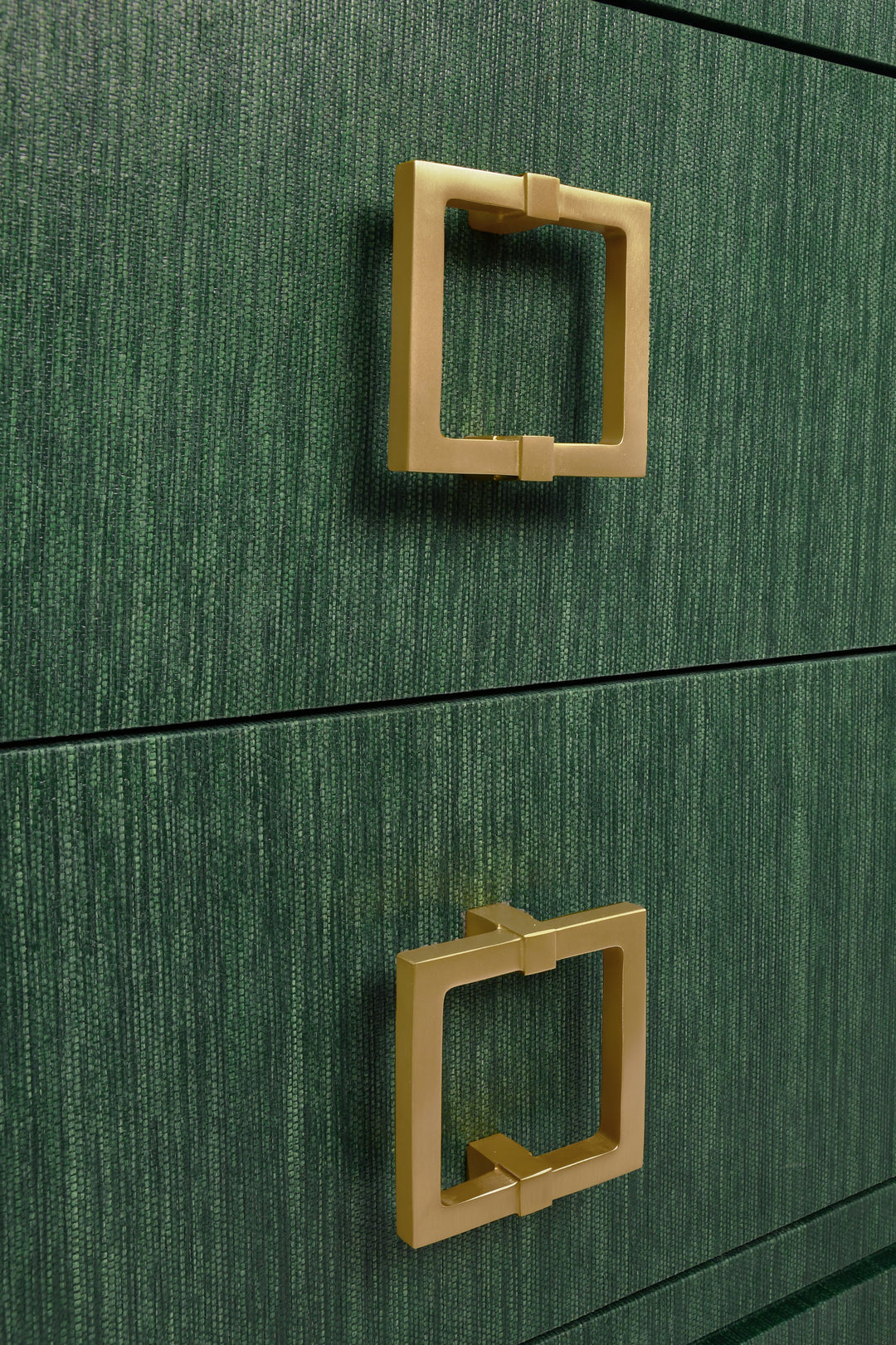Two Drawer Side Table With Large Satin Brass Square Hardware In Green Dyed Grasscloth With Glass Top - COLE GR