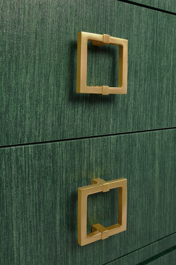 Two Drawer Side Table With Large Satin Brass Square Hardware In Green Dyed Grasscloth With Glass Top - COLE GR
