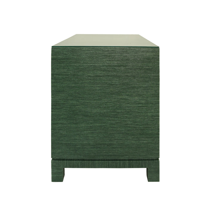 Two Drawer Side Table With Large Satin Brass Square Hardware In Green Dyed Grasscloth With Glass Top - COLE GR