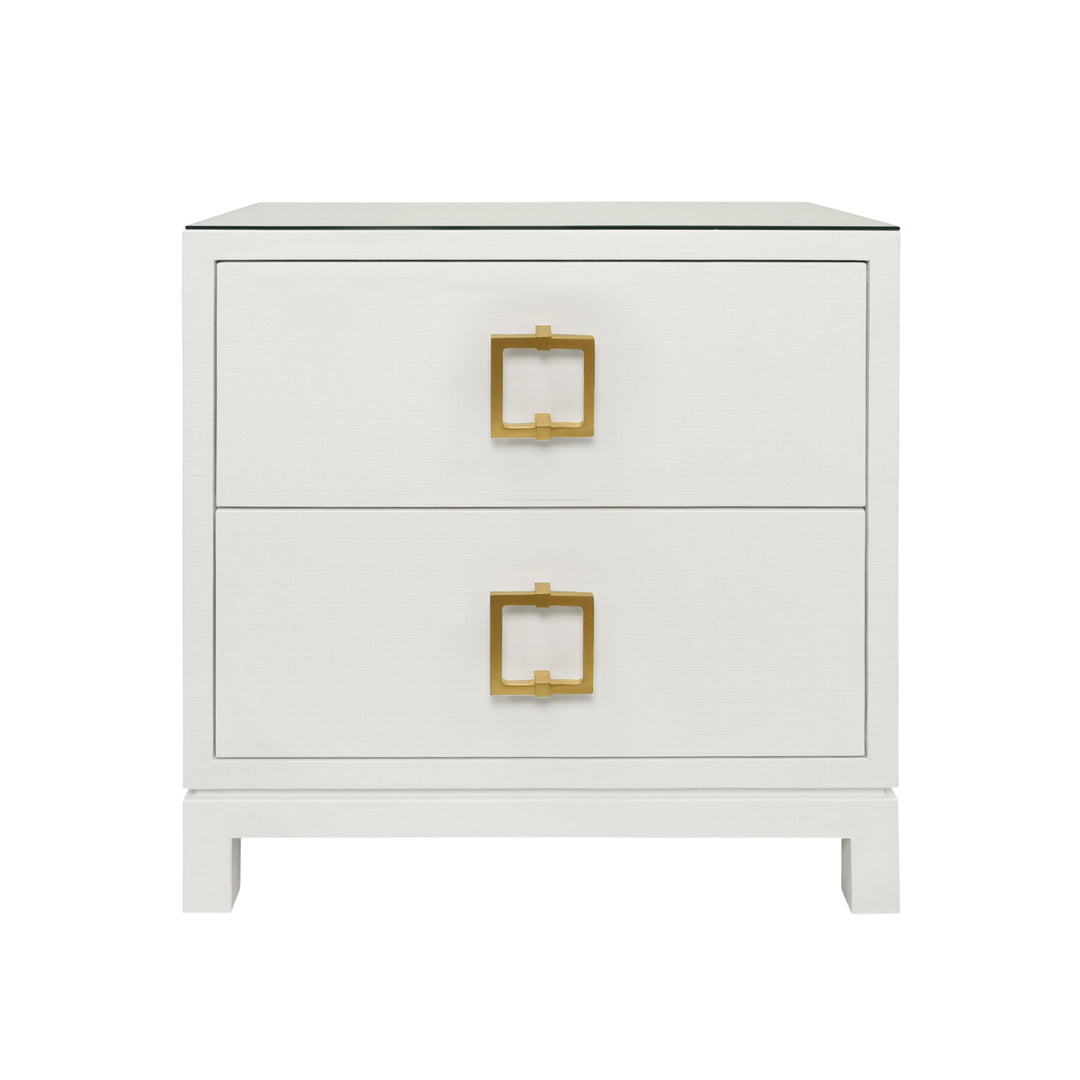 Two Drawer Side Table With Large Satin Brass Square Hardware In White Textured Linen With Glass Top - COLE WH