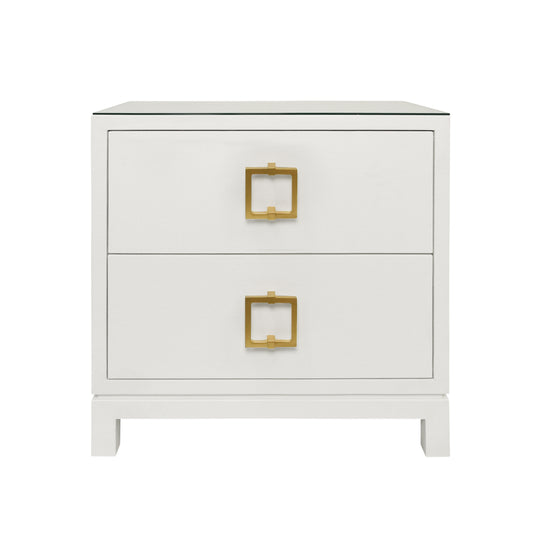 Two Drawer Side Table With Large Satin Brass Square Hardware In White Textured Linen With Glass Top - COLE WH