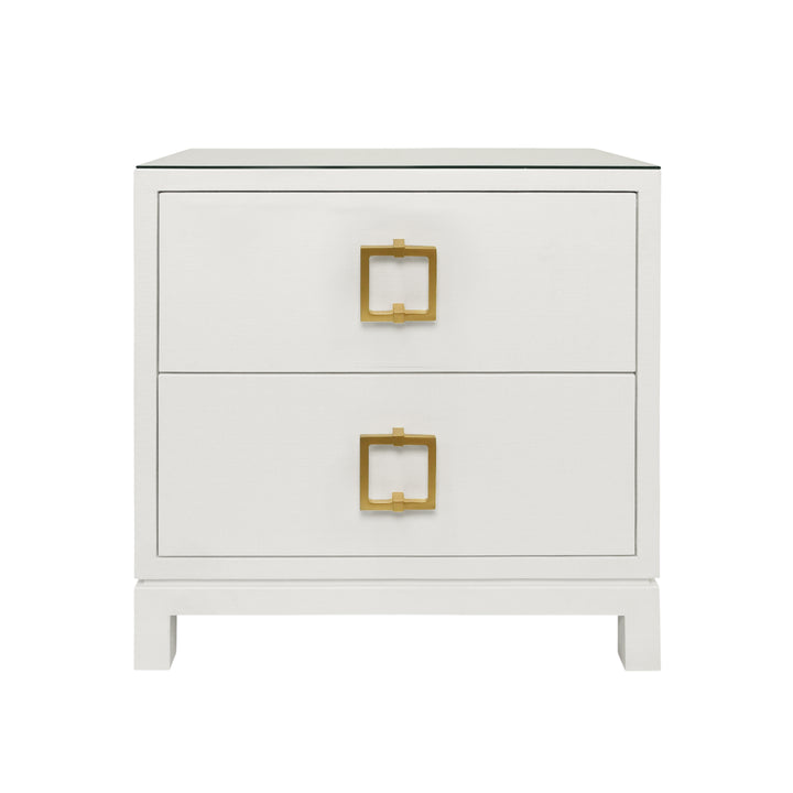 Two Drawer Side Table With Large Satin Brass Square Hardware In White Textured Linen With Glass Top - COLE WH