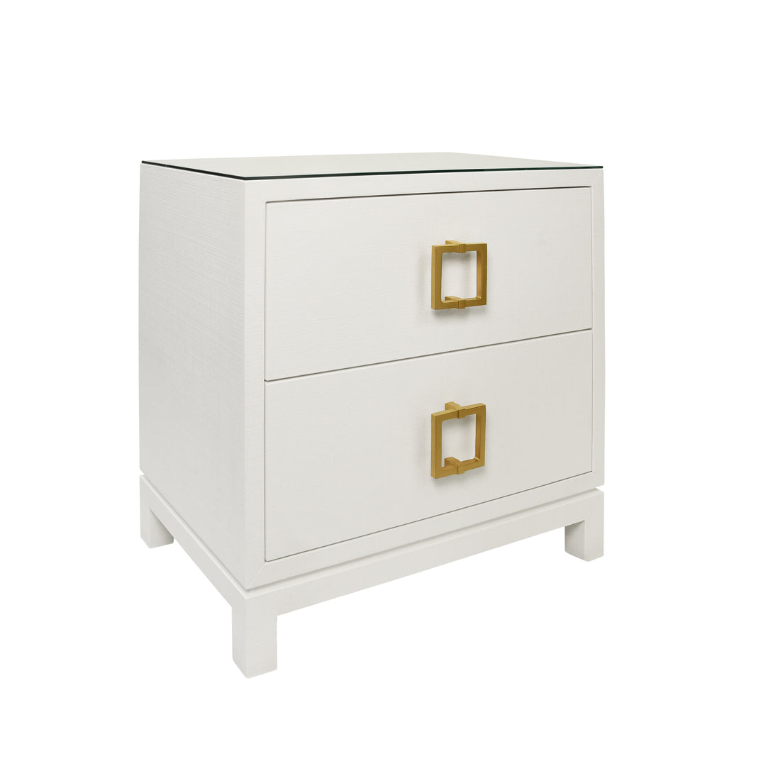 Two Drawer Side Table With Large Satin Brass Square Hardware In White Textured Linen With Glass Top - COLE WH