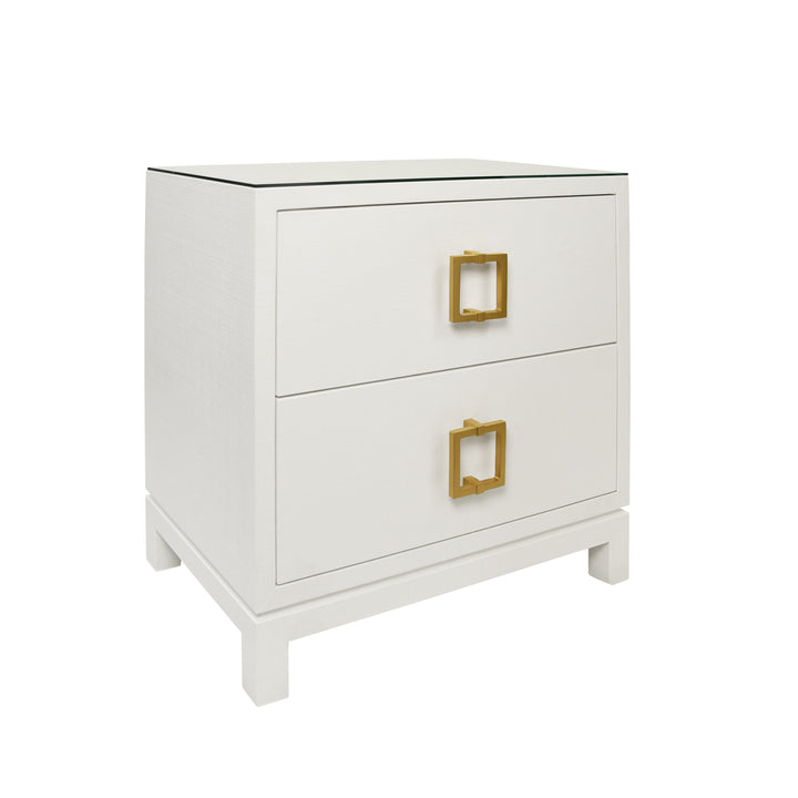 Two Drawer Side Table With Large Satin Brass Square Hardware In White Textured Linen With Glass Top - COLE WH