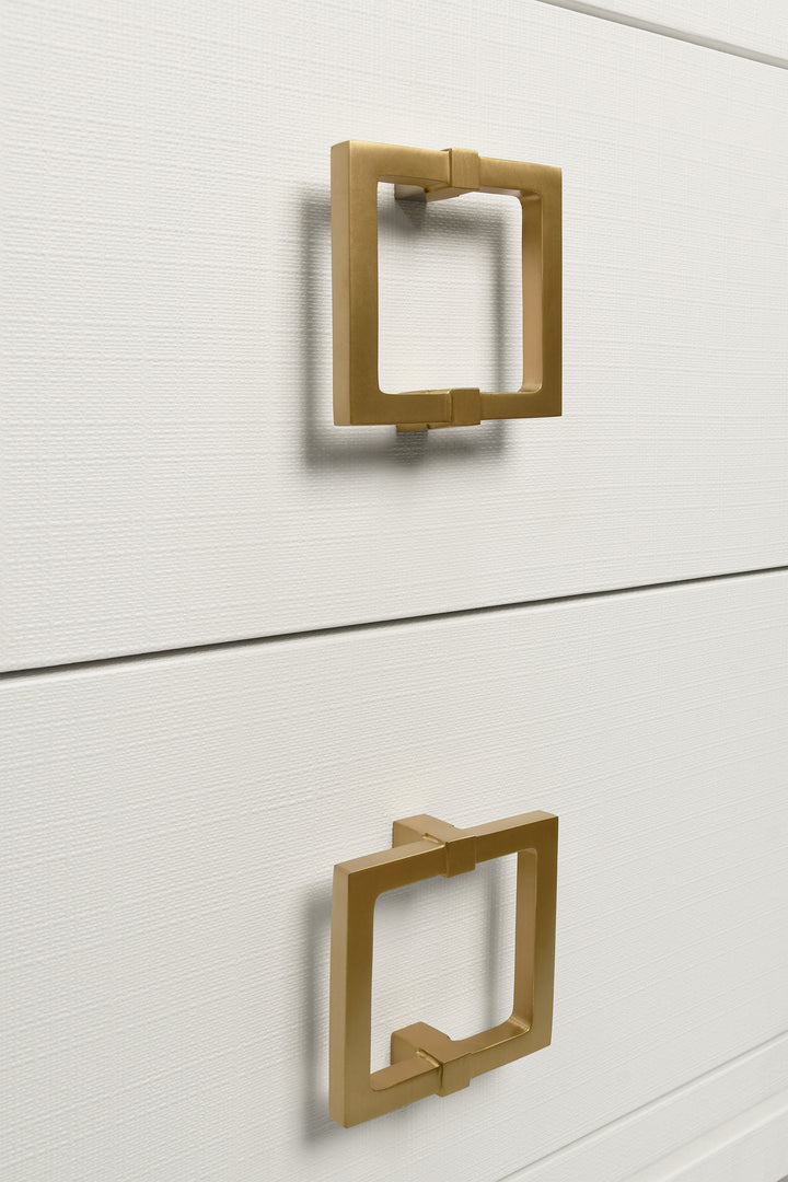 Two Drawer Side Table With Large Satin Brass Square Hardware In White Textured Linen With Glass Top - COLE WH