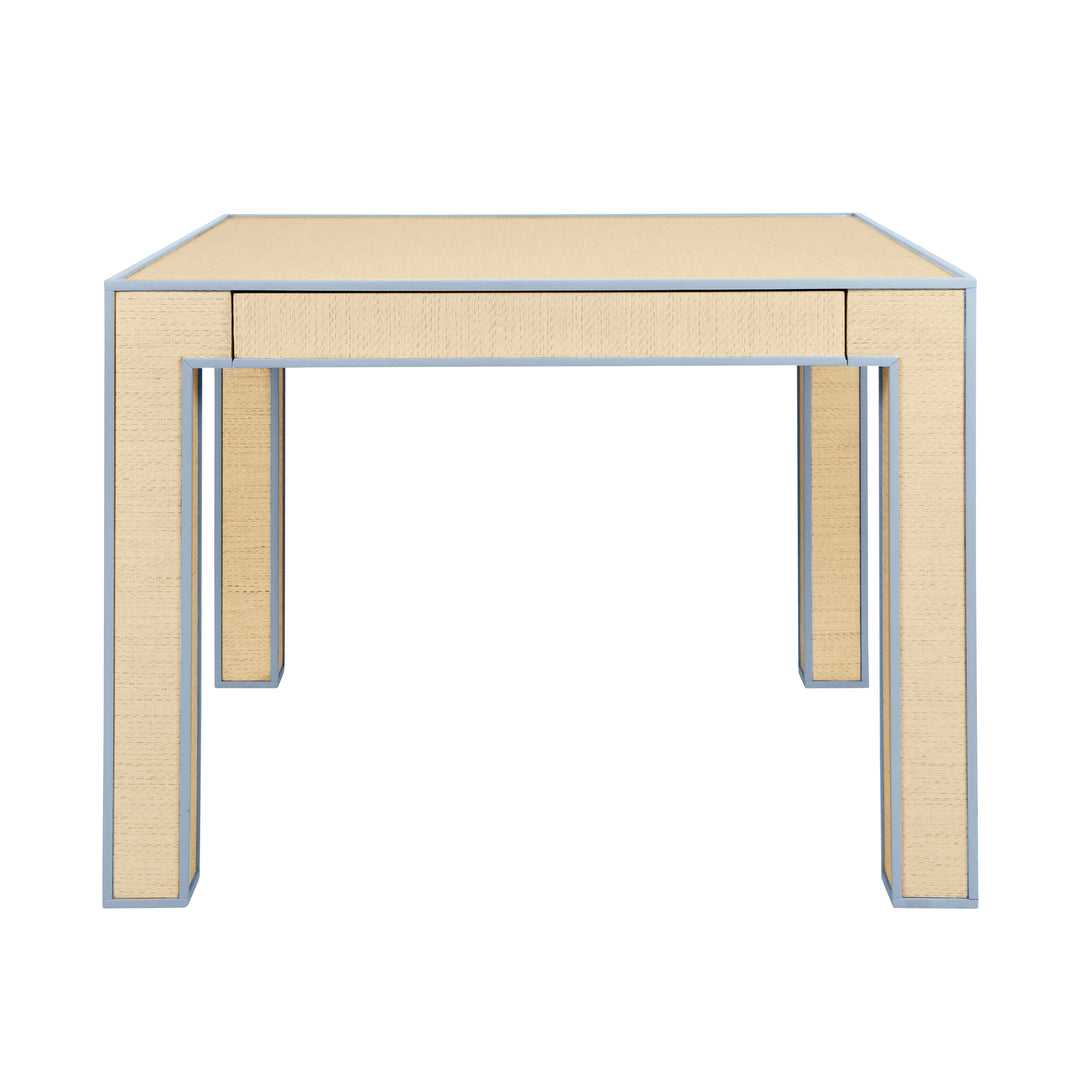 Square Two Drawer Game Table With Matte Light Blue Lacquer Edging And Inset Natural Grasscloth - COLLINS LB