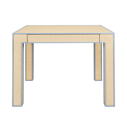 Square Two Drawer Game Table With Matte Light Blue Lacquer Edging And Inset Natural Grasscloth - COLLINS LB