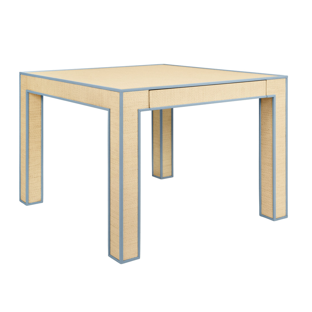 Square Two Drawer Game Table With Matte Light Blue Lacquer Edging And Inset Natural Grasscloth - COLLINS LB