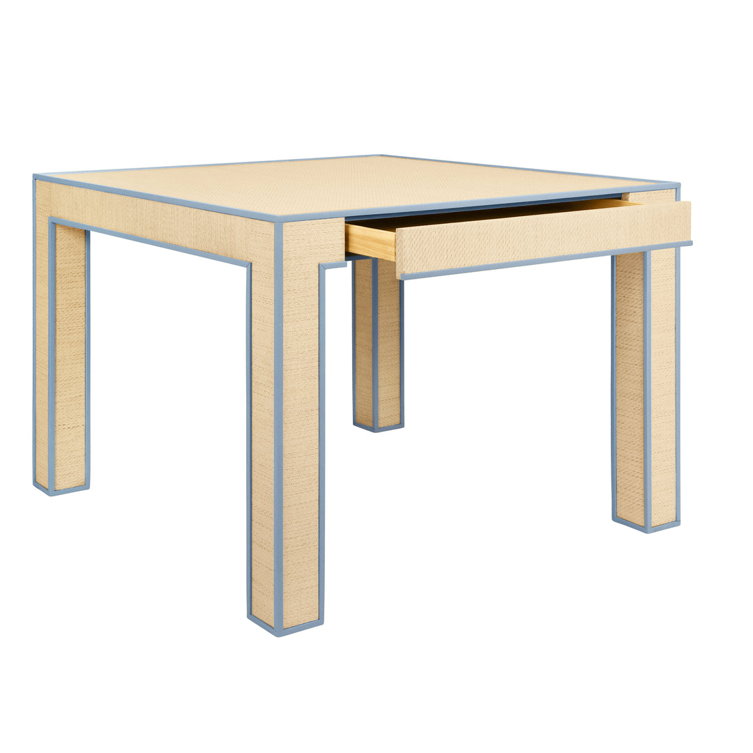 Square Two Drawer Game Table With Matte Light Blue Lacquer Edging And Inset Natural Grasscloth - COLLINS LB