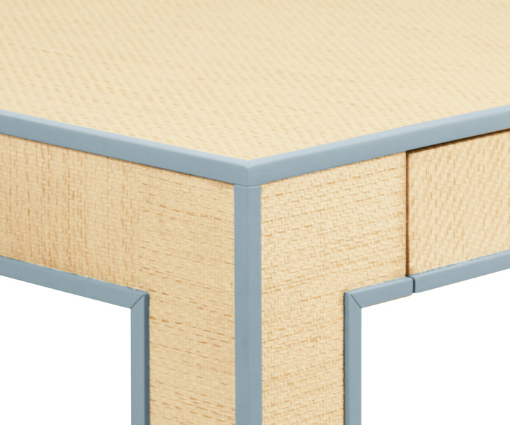 Square Two Drawer Game Table With Matte Light Blue Lacquer Edging And Inset Natural Grasscloth - COLLINS LB