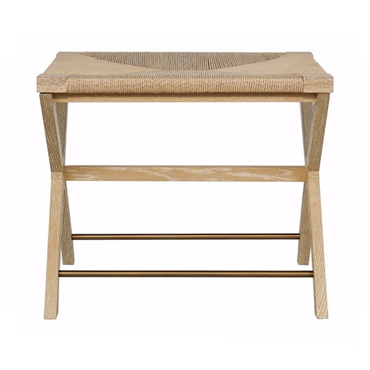 Rush Seat X Side Stool With Antique Brass Stretcher In Cerused Oak - CONAN CO