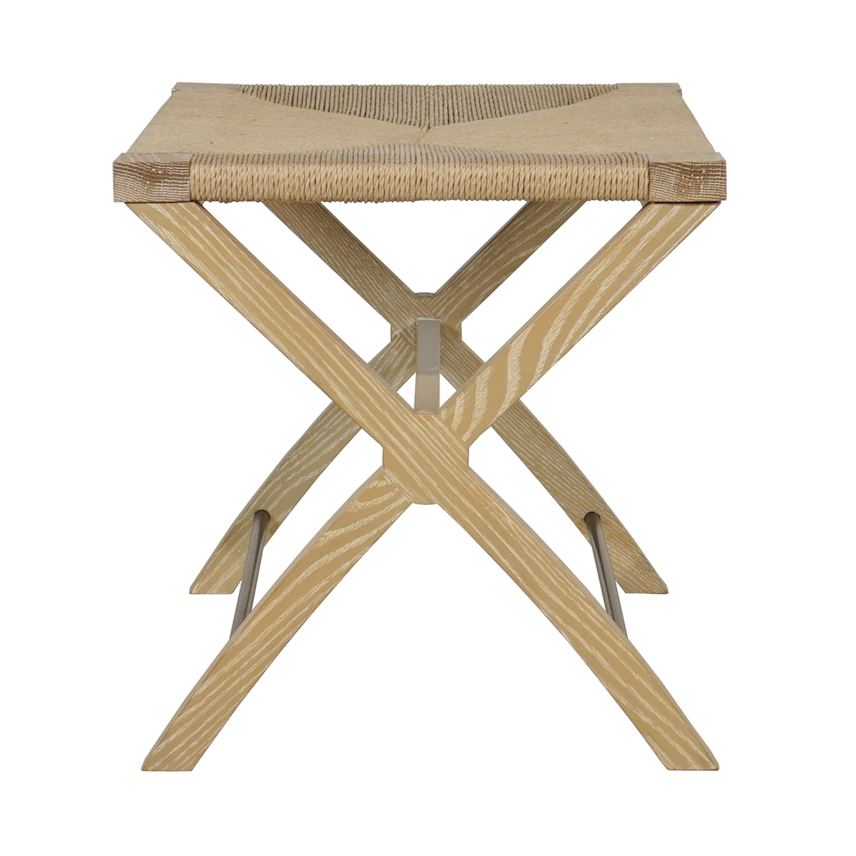 Rush Seat X Side Stool With Antique Brass Stretcher In Cerused Oak - CONAN CO