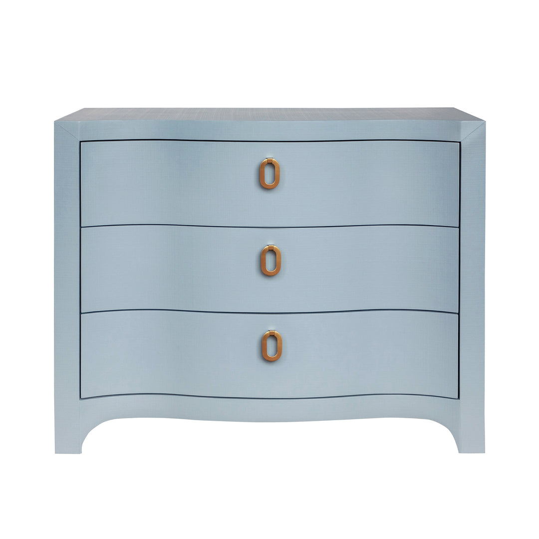Curved Front Chest With Three Drawers In White Light Blue Textured Linen With Satin Brass Ring Hardware - CORA LB