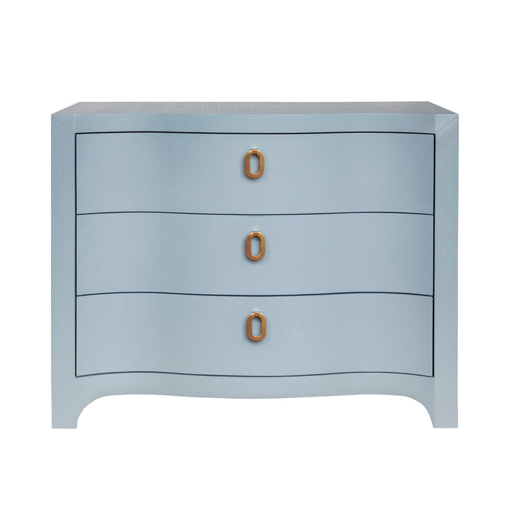 Curved Front Chest With Three Drawers In White Light Blue Textured Linen With Satin Brass Ring Hardware - CORA LB