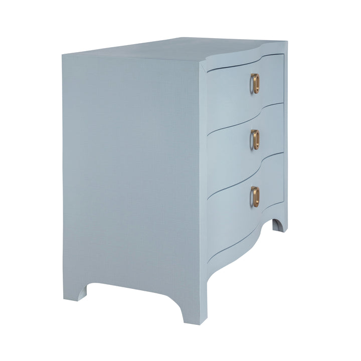 Curved Front Chest With Three Drawers In White Light Blue Textured Linen With Satin Brass Ring Hardware - CORA LB
