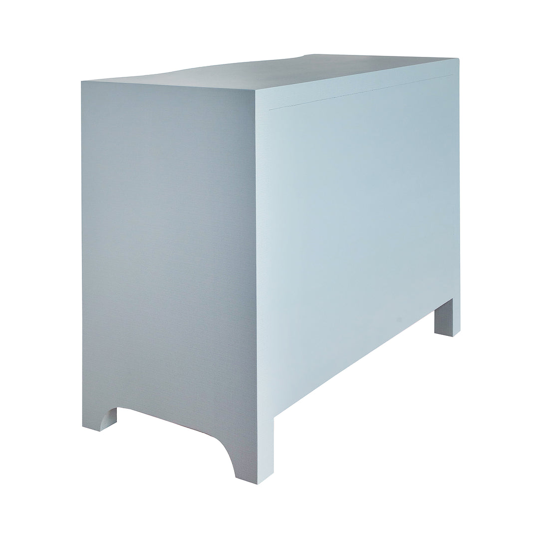 Curved Front Chest With Three Drawers In White Light Blue Textured Linen With Satin Brass Ring Hardware - CORA LB