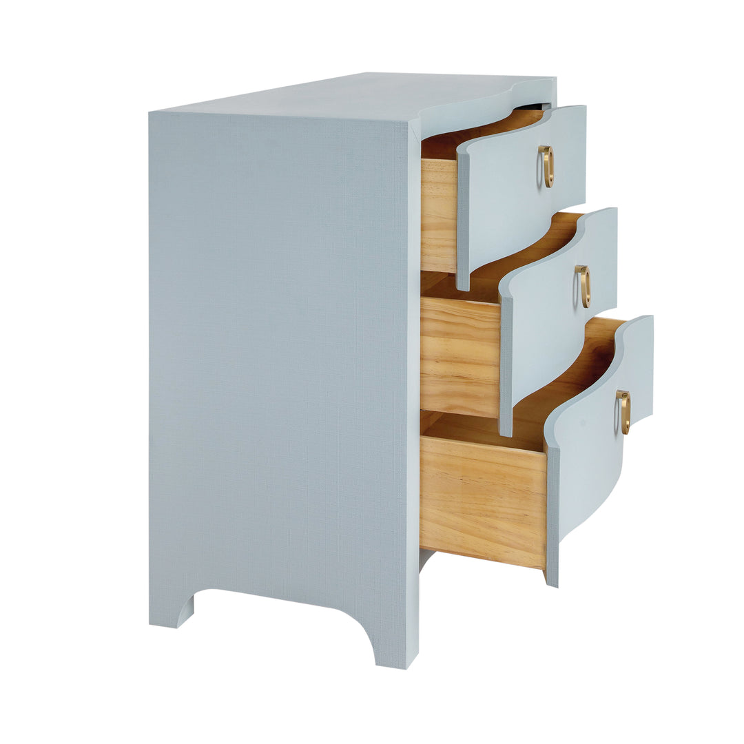 Curved Front Chest With Three Drawers In White Light Blue Textured Linen With Satin Brass Ring Hardware - CORA LB