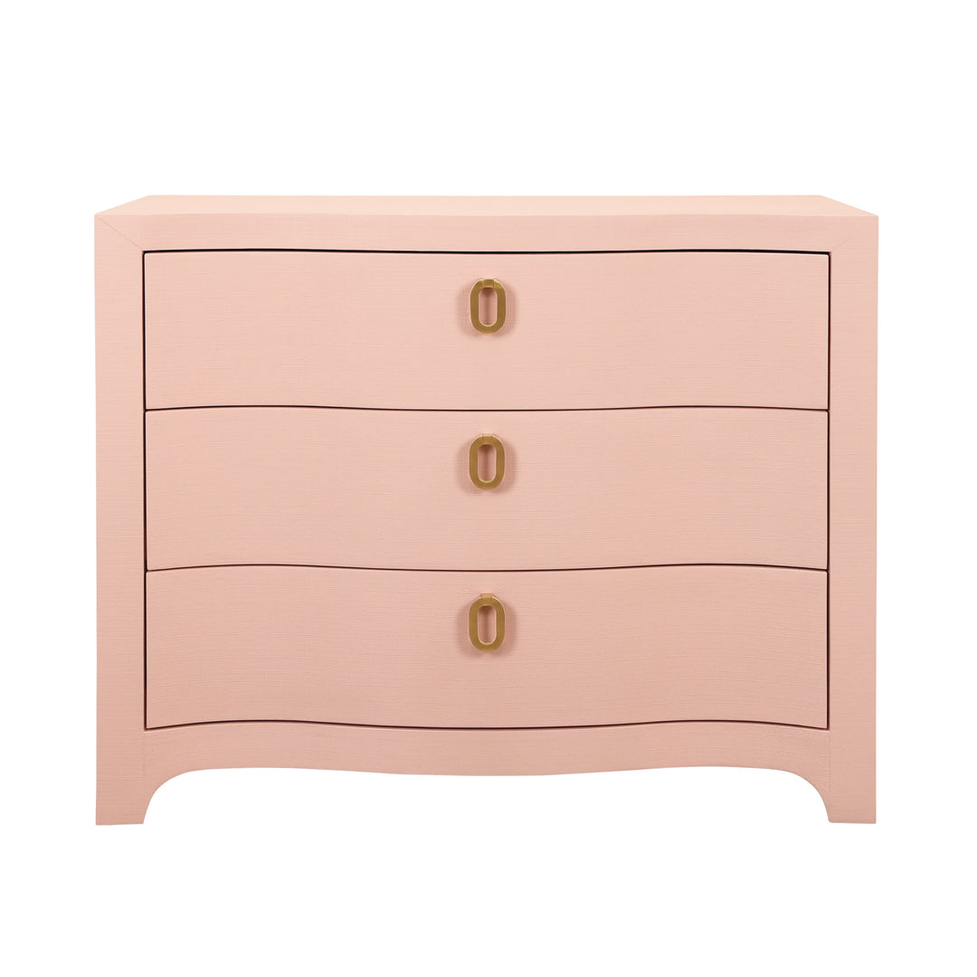 Curved Front Chest With Three Drawers In Textured Pink Linen With Satin Brass Ring Hardware - CORA PI