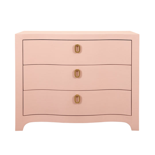 Curved Front Chest With Three Drawers In Textured Pink Linen With Satin Brass Ring Hardware - CORA PI