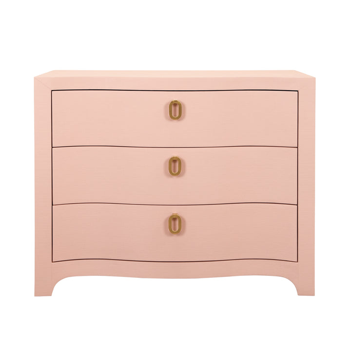 Curved Front Chest With Three Drawers In Textured Pink Linen With Satin Brass Ring Hardware - CORA PI