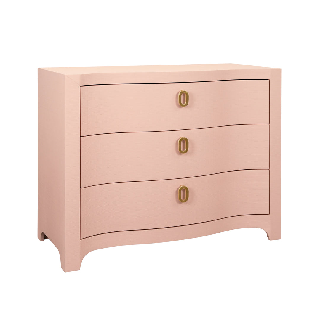 Curved Front Chest With Three Drawers In Textured Pink Linen With Satin Brass Ring Hardware - CORA PI
