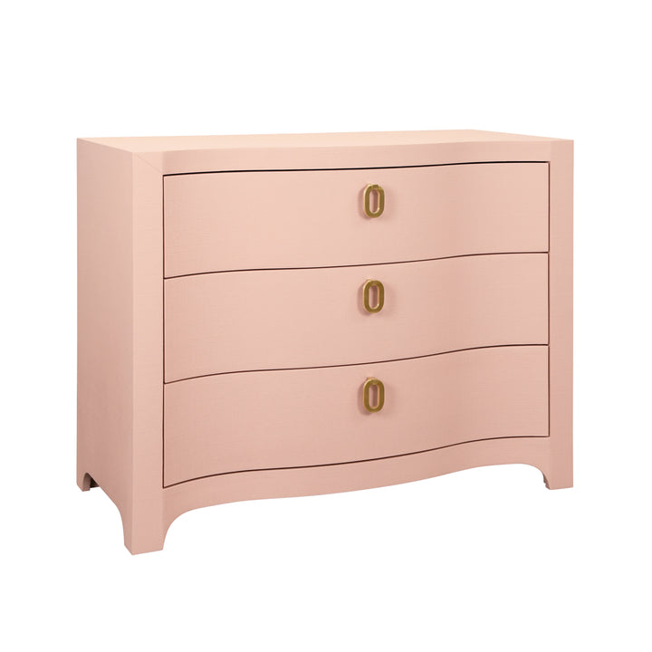 Curved Front Chest With Three Drawers In Textured Pink Linen With Satin Brass Ring Hardware - CORA PI