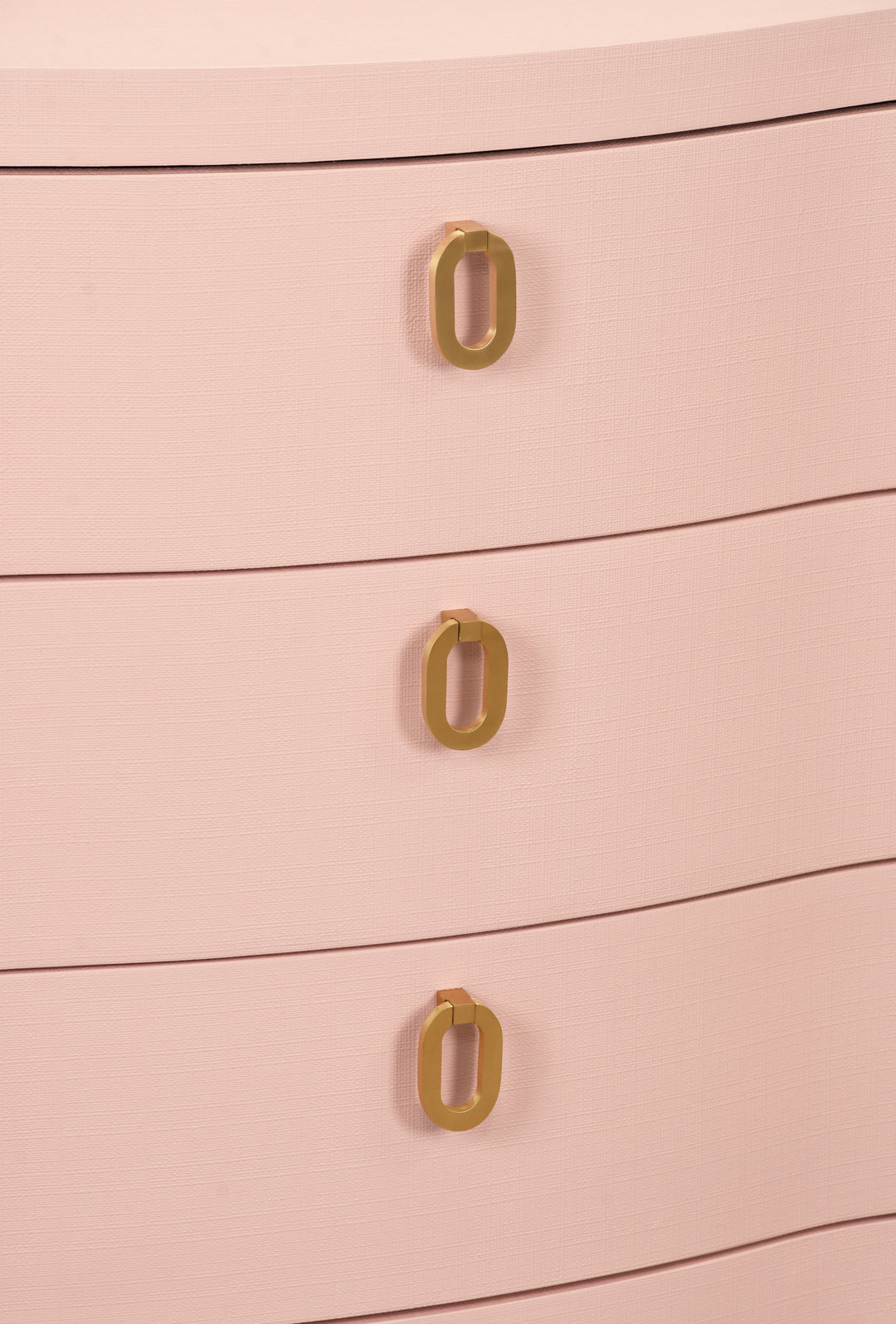 Curved Front Chest With Three Drawers In Textured Pink Linen With Satin Brass Ring Hardware - CORA PI