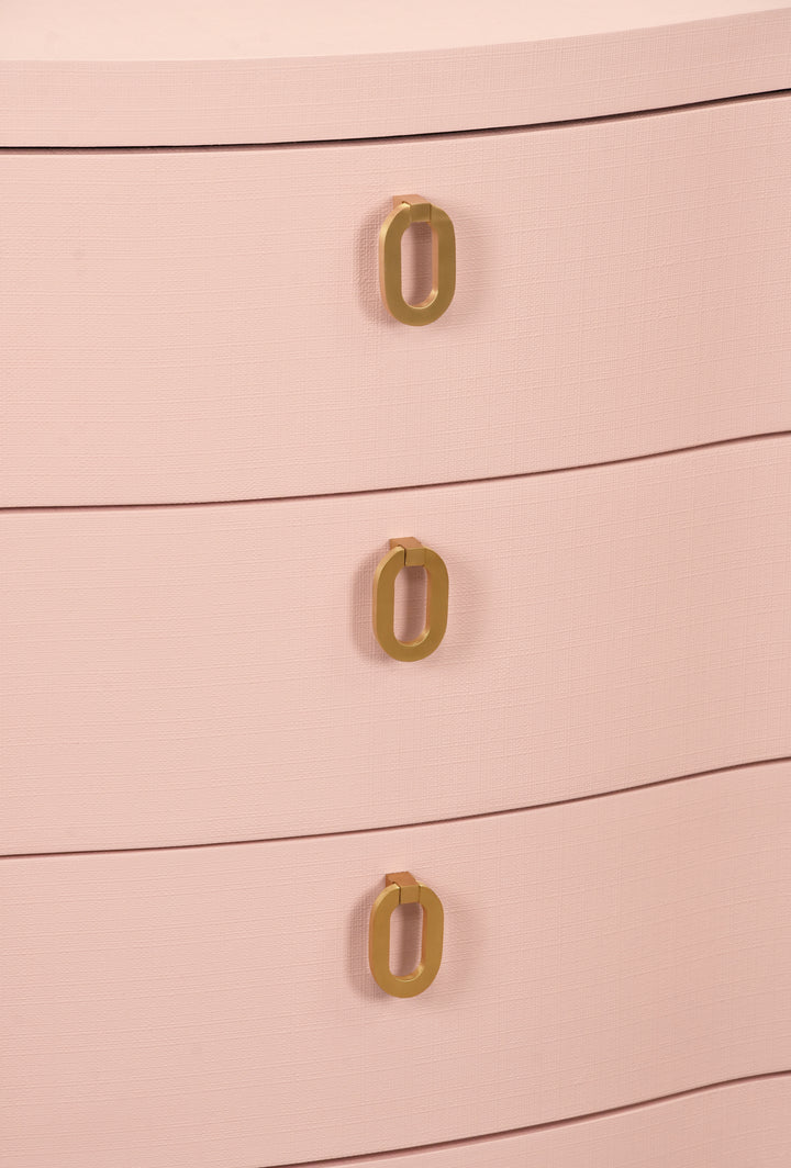 Curved Front Chest With Three Drawers In Textured Pink Linen With Satin Brass Ring Hardware - CORA PI