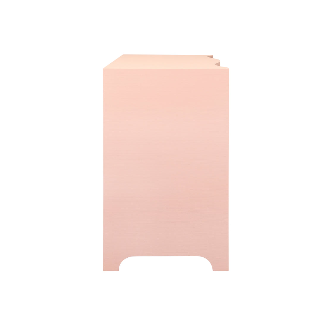 Curved Front Chest With Three Drawers In Textured Pink Linen With Satin Brass Ring Hardware - CORA PI