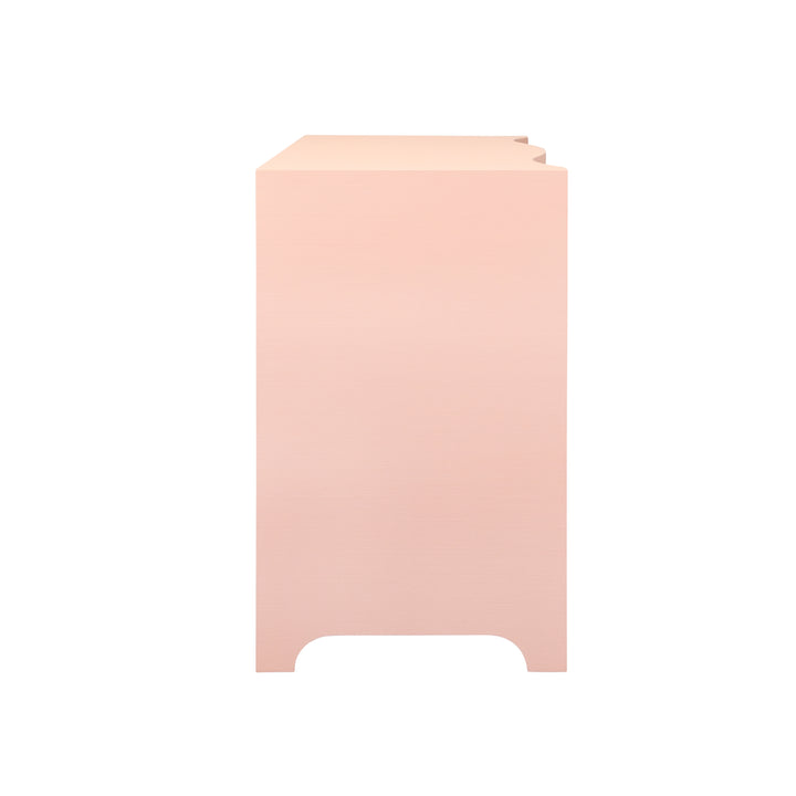Curved Front Chest With Three Drawers In Textured Pink Linen With Satin Brass Ring Hardware - CORA PI