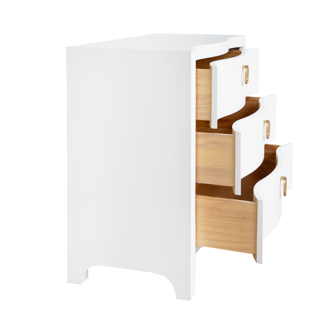 Curved Front Chest With Three Drawers In White Textured Linen With Satin Brass Ring Hardware - CORA WH