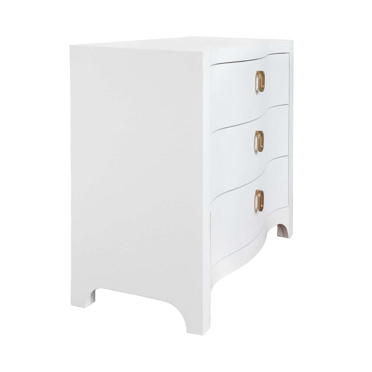 Curved Front Chest With Three Drawers In White Textured Linen With Satin Brass Ring Hardware - CORA WH