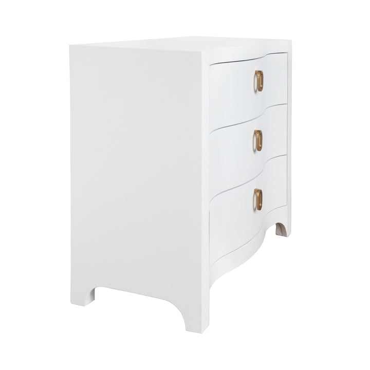 Curved Front Chest With Three Drawers In White Textured Linen With Satin Brass Ring Hardware - CORA WH