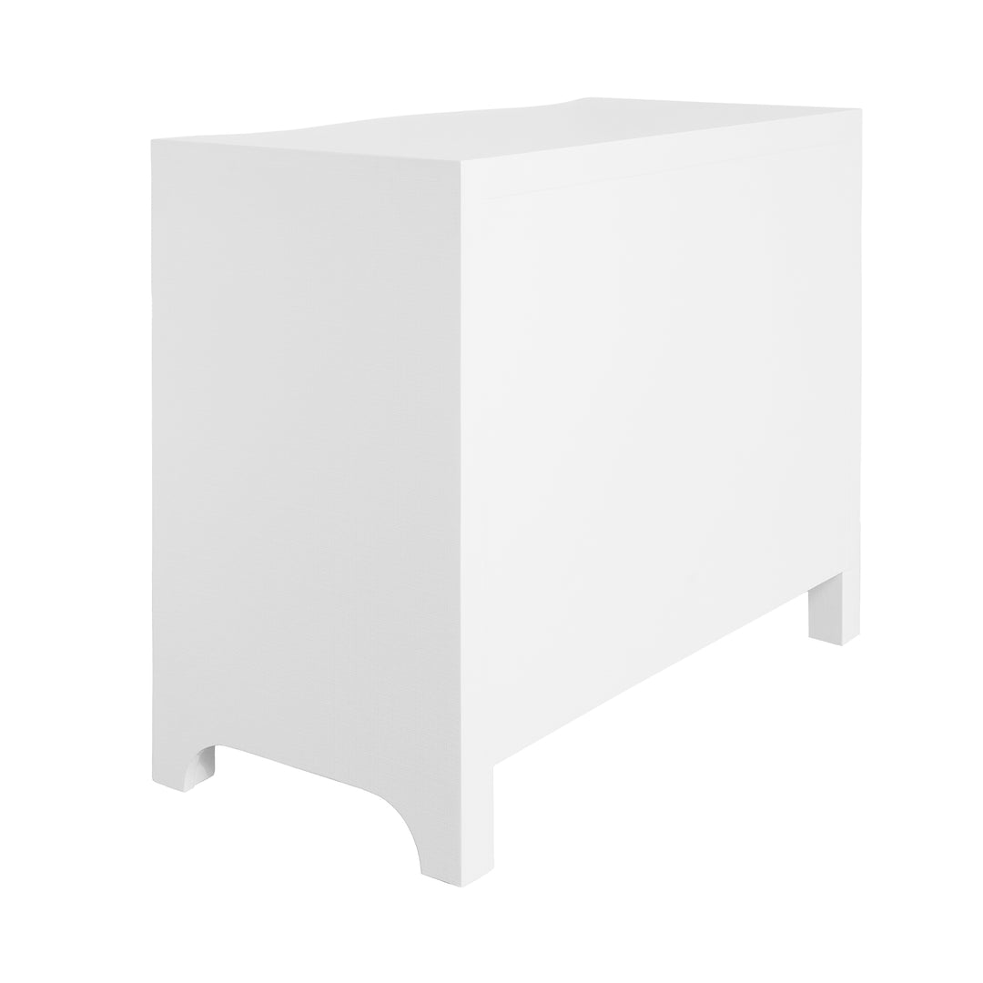 Curved Front Chest With Three Drawers In White Textured Linen With Satin Brass Ring Hardware - CORA WH