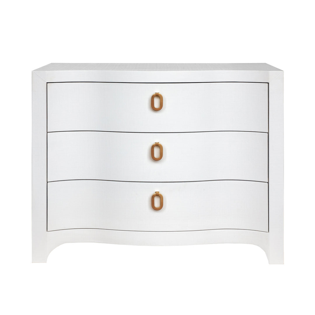 Curved Front Chest With Three Drawers In White Textured Linen With Satin Brass Ring Hardware - CORA WH