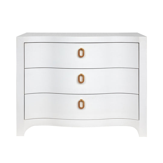 Curved Front Chest With Three Drawers In White Textured Linen With Satin Brass Ring Hardware - CORA WH