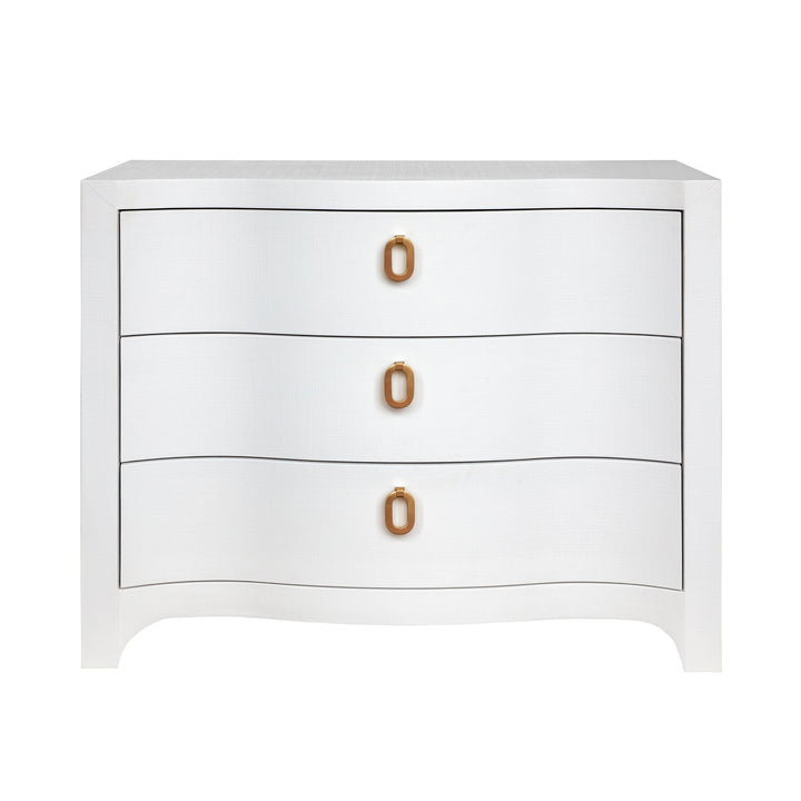 Curved Front Chest With Three Drawers In White Textured Linen With Satin Brass Ring Hardware - CORA WH