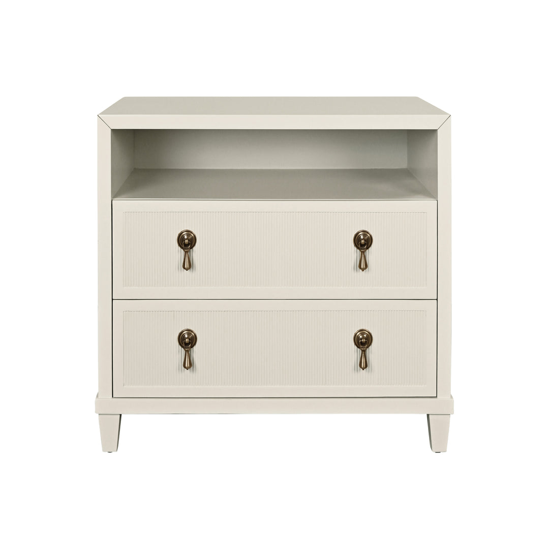 Two Drawer, Open Shelf Side Table With Fluted Drawer Fronts In Matte Antique White Lacquer - CORINE AW