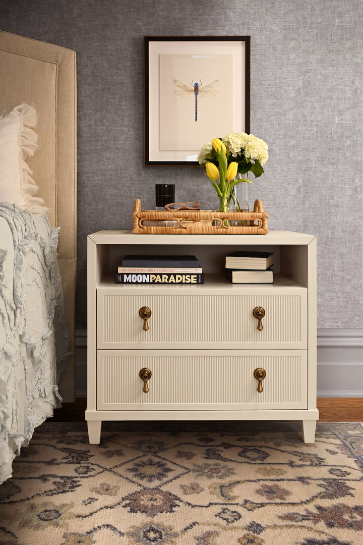 Two Drawer, Open Shelf Side Table With Fluted Drawer Fronts In Matte Antique White Lacquer - CORINE AW