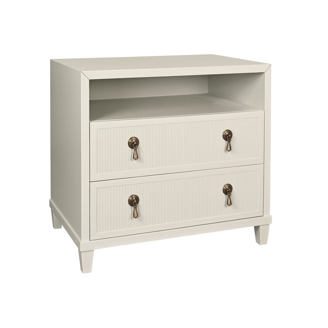 Two Drawer, Open Shelf Side Table With Fluted Drawer Fronts In Matte Antique White Lacquer - CORINE AW