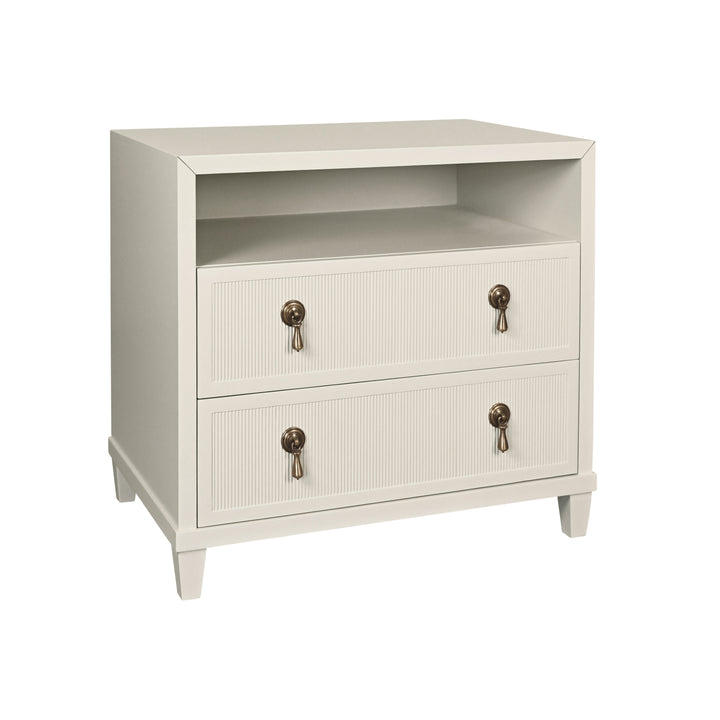 Two Drawer, Open Shelf Side Table With Fluted Drawer Fronts In Matte Antique White Lacquer - CORINE AW