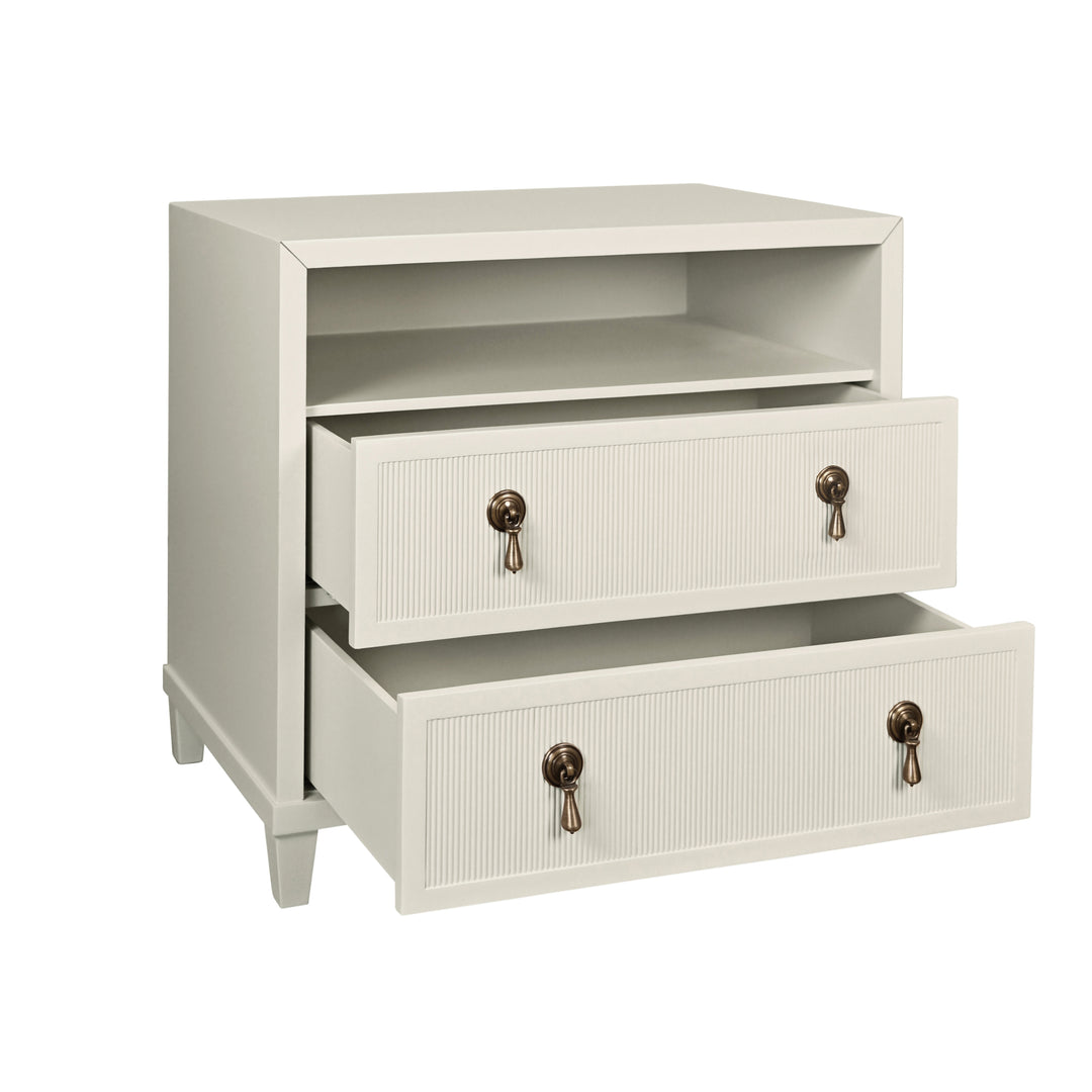 Two Drawer, Open Shelf Side Table With Fluted Drawer Fronts In Matte Antique White Lacquer - CORINE AW