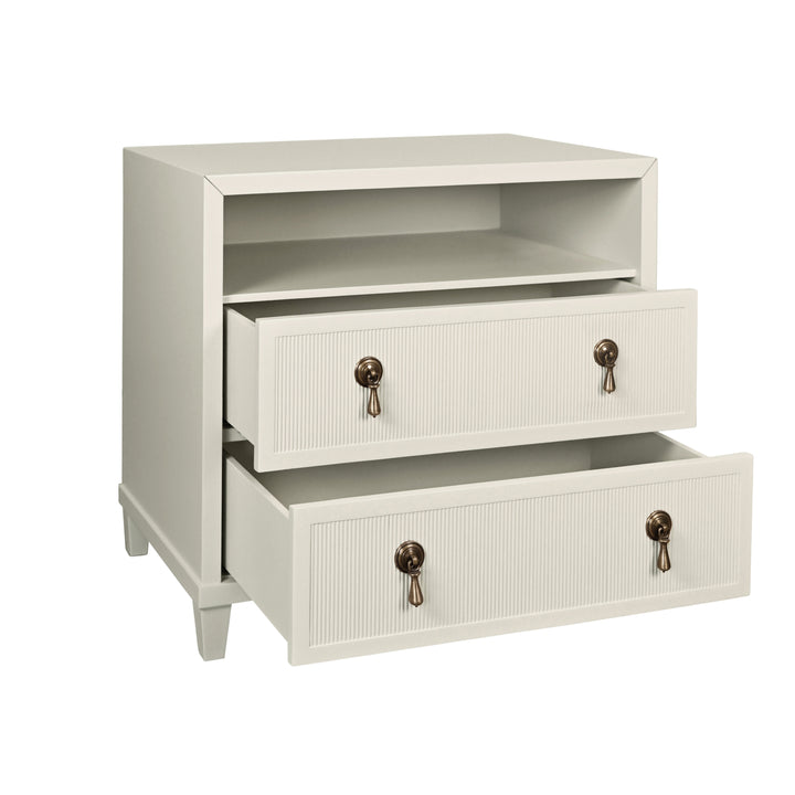 Two Drawer, Open Shelf Side Table With Fluted Drawer Fronts In Matte Antique White Lacquer - CORINE AW