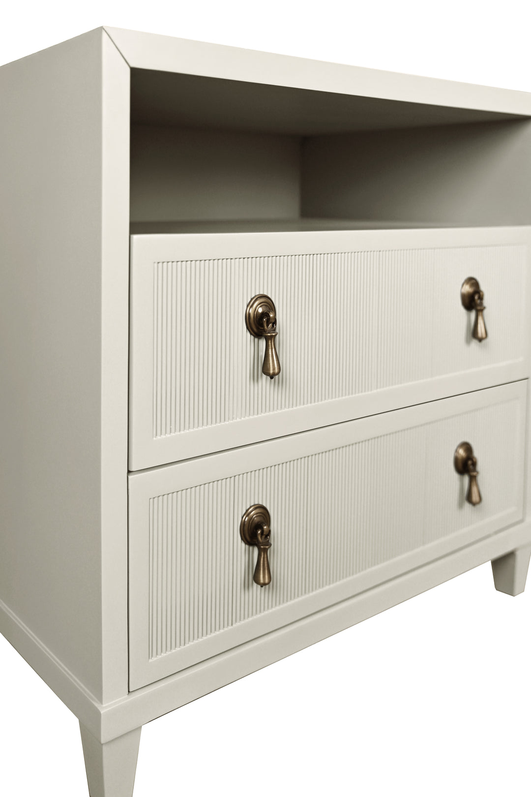 Two Drawer, Open Shelf Side Table With Fluted Drawer Fronts In Matte Antique White Lacquer - CORINE AW