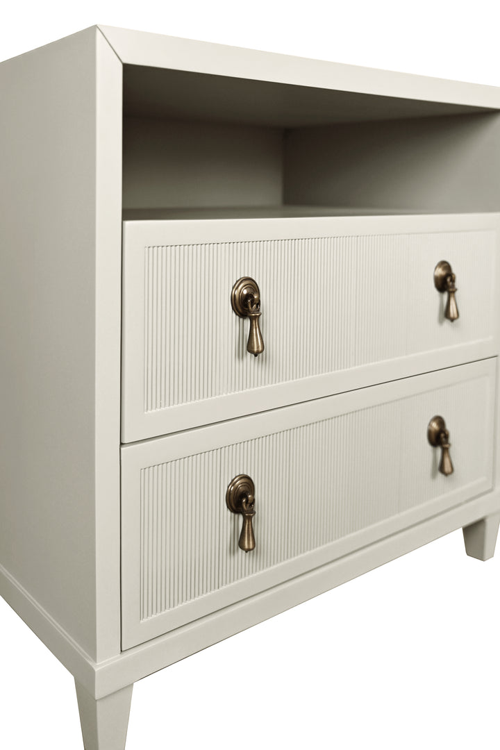 Two Drawer, Open Shelf Side Table With Fluted Drawer Fronts In Matte Antique White Lacquer - CORINE AW