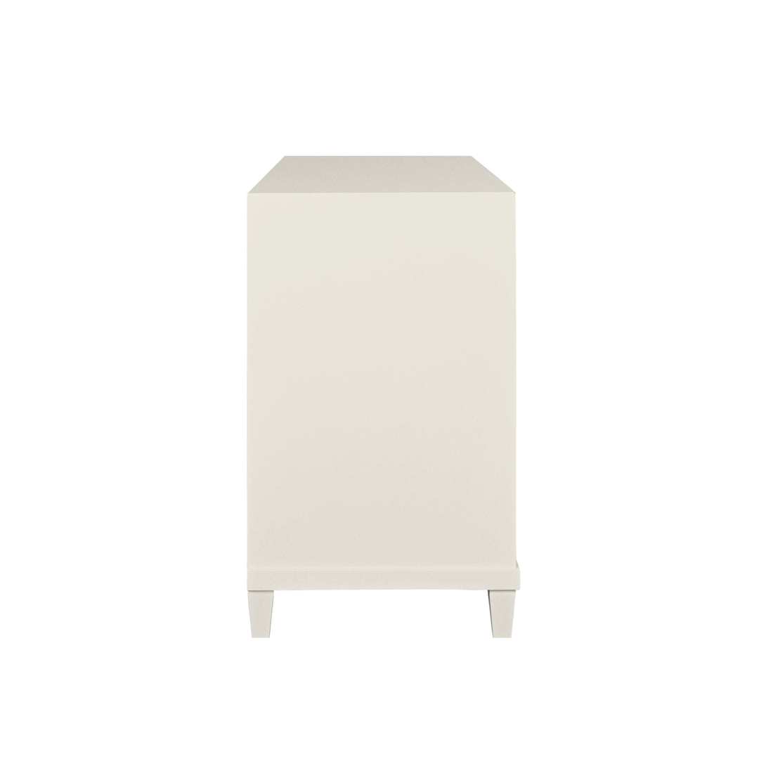 Two Drawer, Open Shelf Side Table With Fluted Drawer Fronts In Matte Antique White Lacquer - CORINE AW
